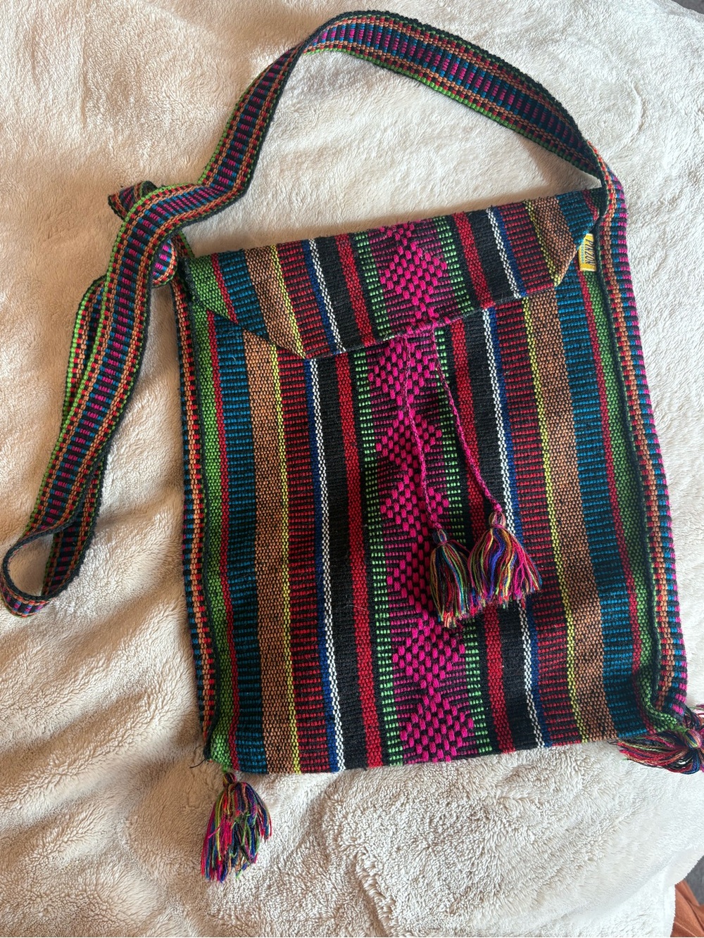 Handwoven Multicolor Striped Satchel with Tassel Detail